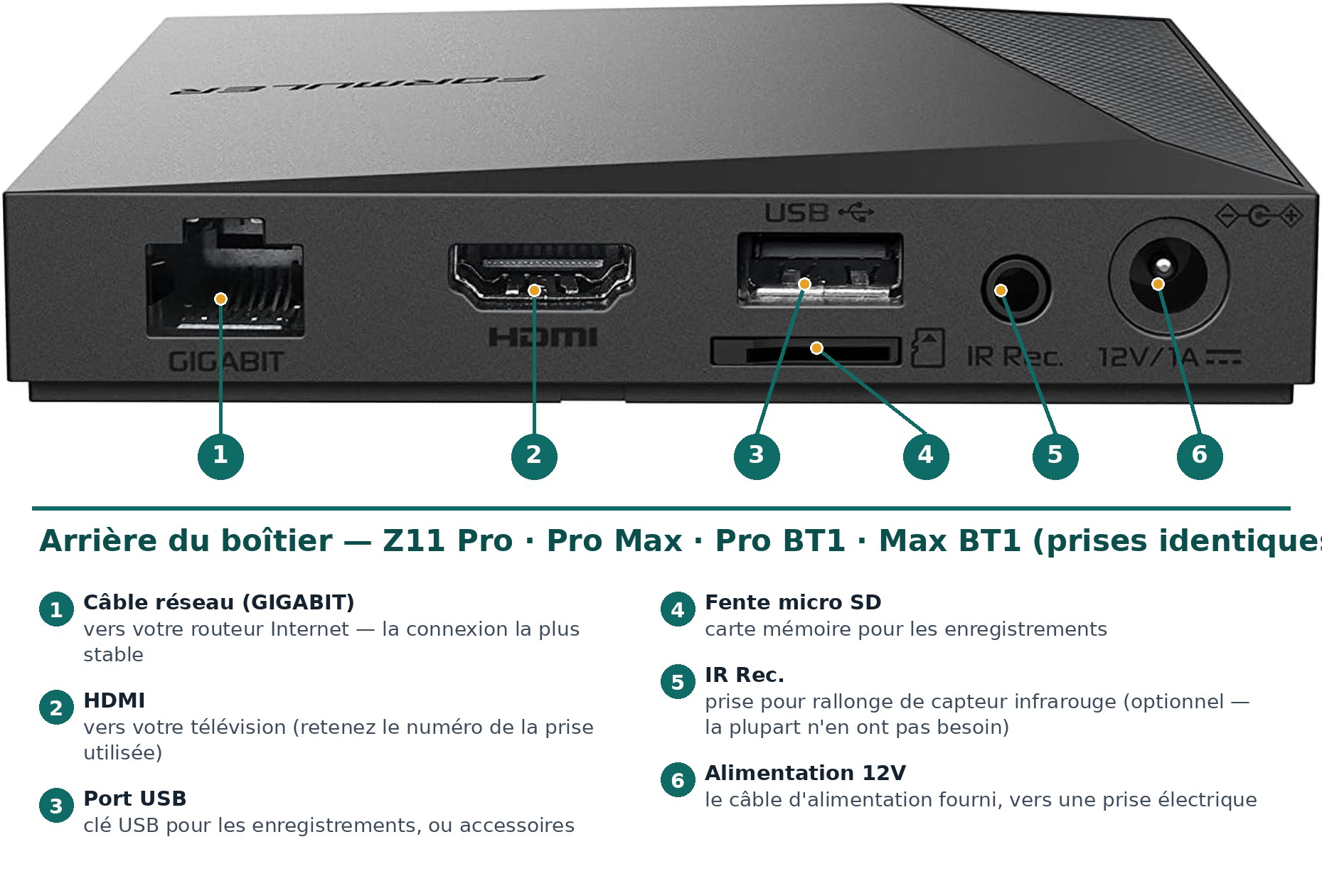 Prises à l'arrière des Z11 Pro, Pro Max et versions BT1, annotées