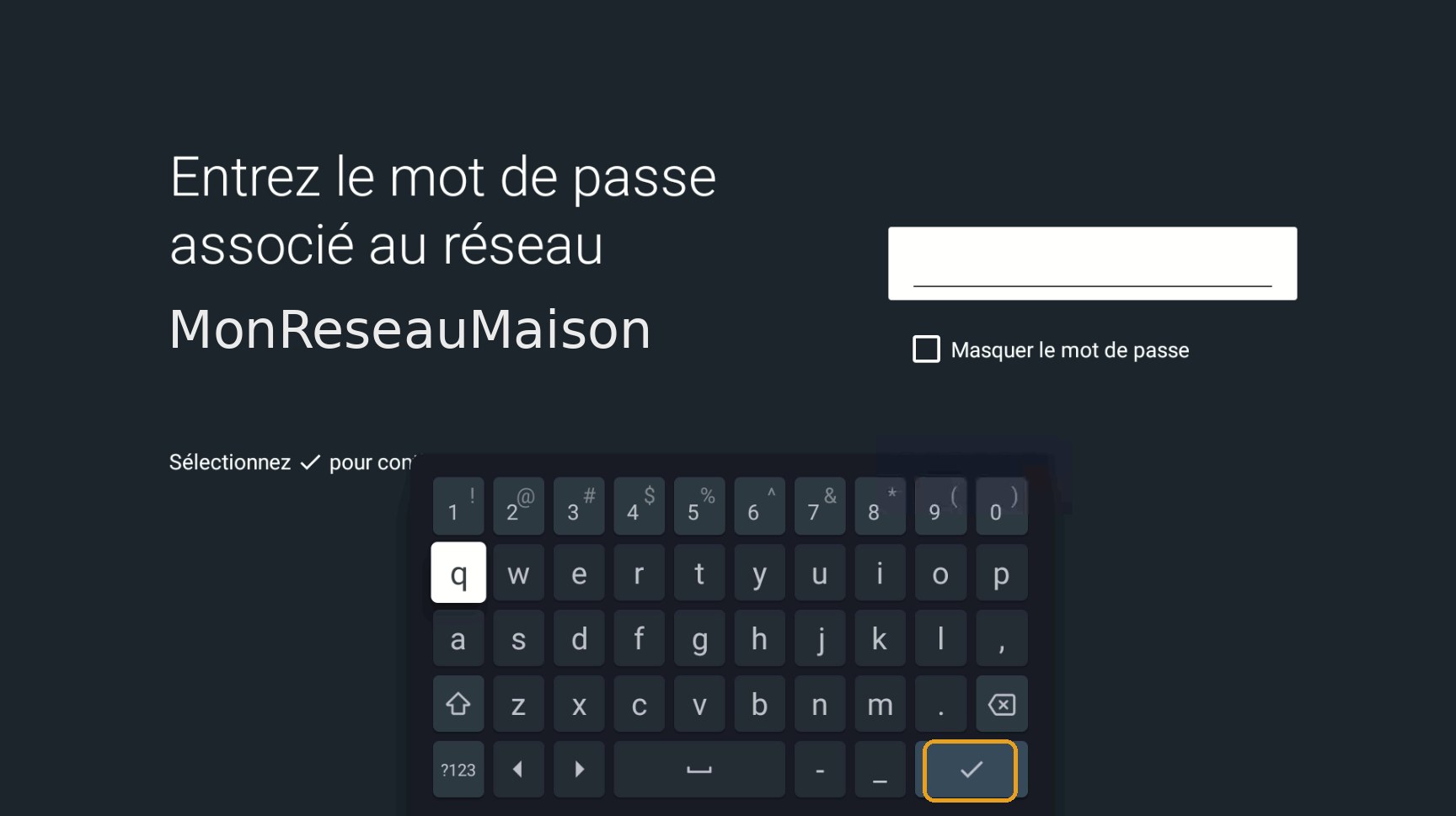 Clavier à l’écran pour le mot de passe Wi-Fi