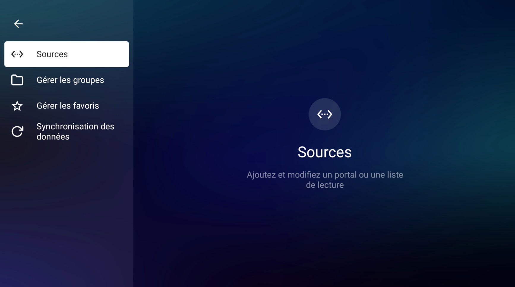 Écran Contenus avec Sources sélectionné