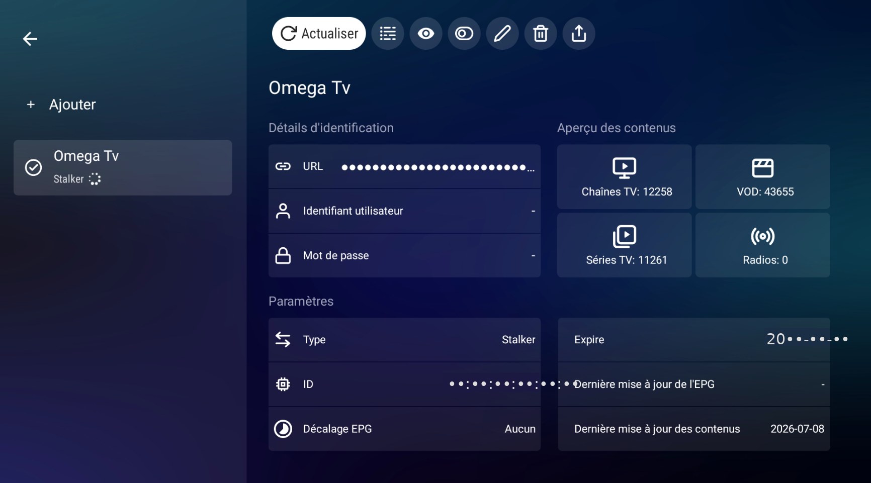Page du service avec le bouton Actualiser