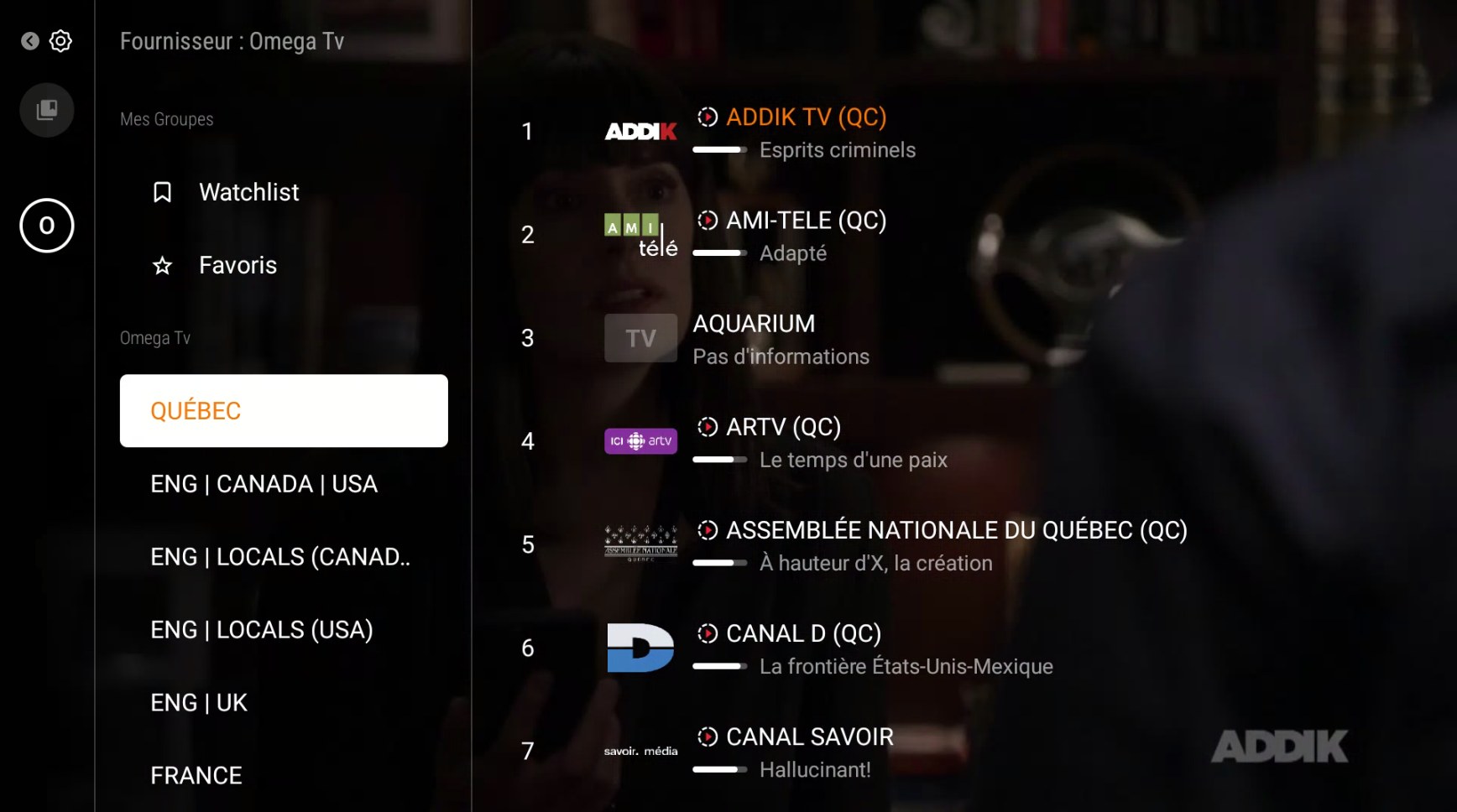 Menu des sections ouvert avec le bouton Groups